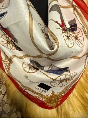 Celine Silk Carriage Print Scarf in Cream, Red & Gold